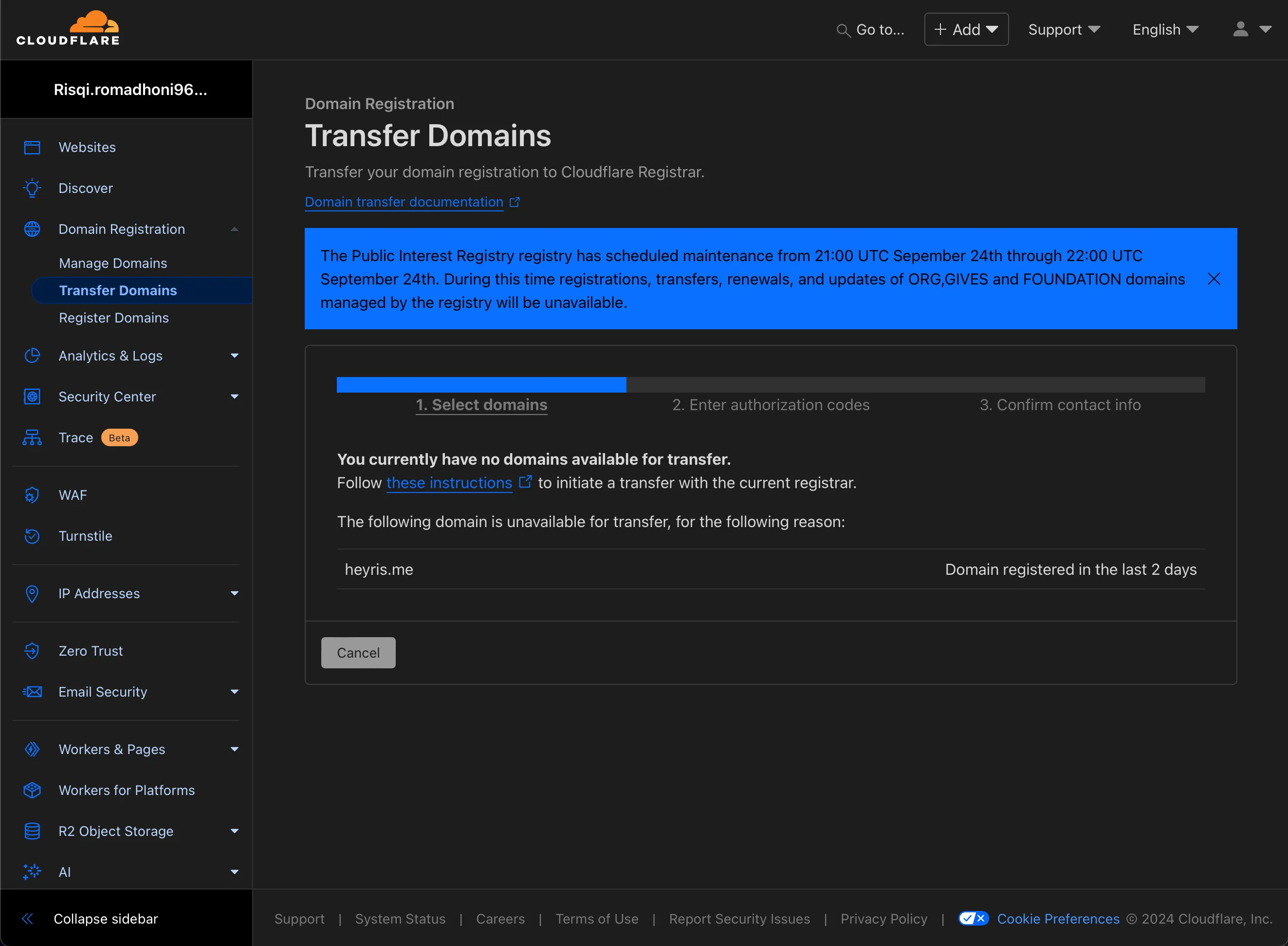 Dashboard Cloudflare Transfer Domain